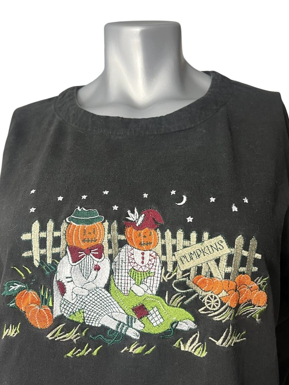 Vtg Halloween Shirt Medium Black Pumpkin Scarecrow Pullover Granny Orange Y2K